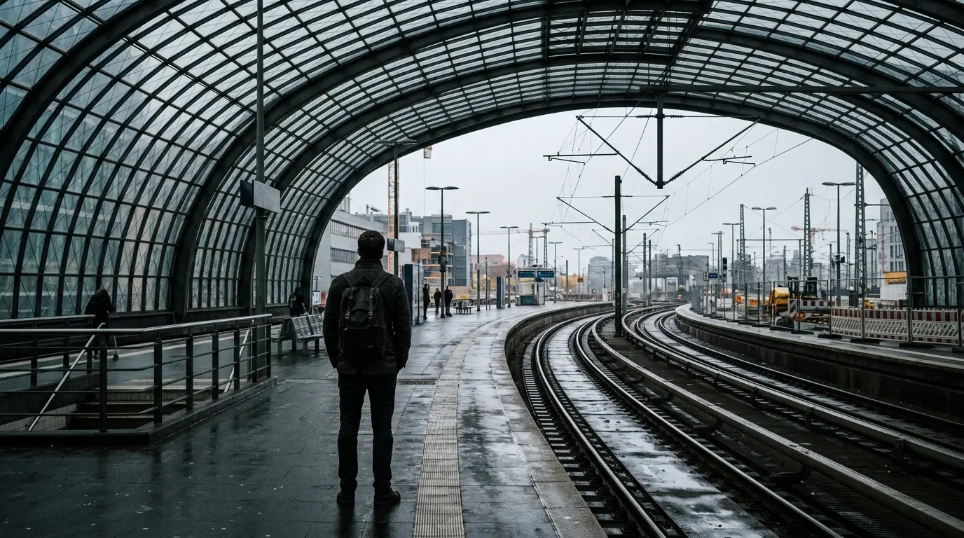 Ein Bahnsteig mit geschwungenem Glasdach und Gleisen an einem bewölkten Herbsttag, ein Wartender von hinten.