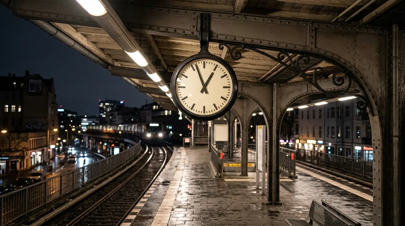Runde Bahnhofsuhr an einem menschenleeren Berliner Bahnsteig bei Nacht mit nassem Boden
