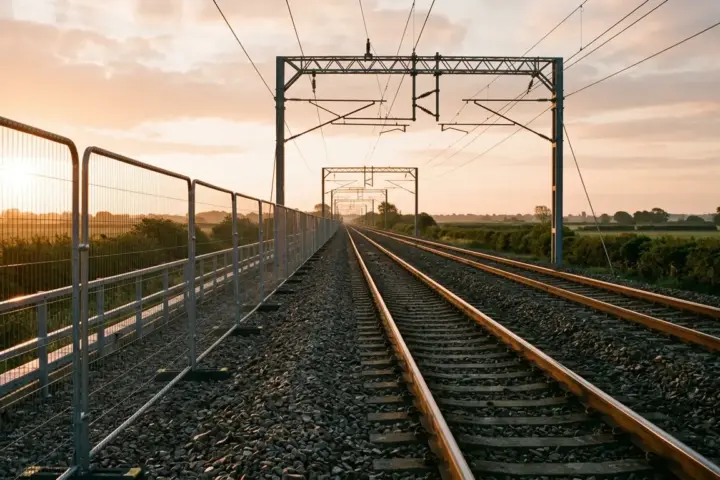 Leere Gleisanlagen und Oberleitungen mit Bauzaun in weiter Landschaft bei Morgensonne.