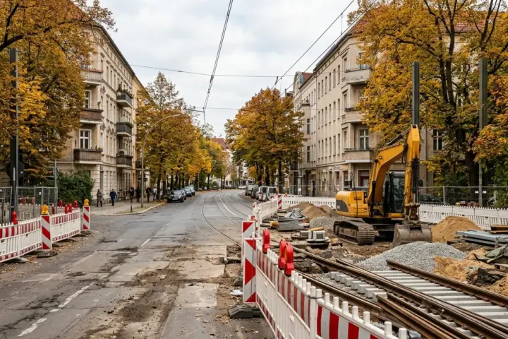 Gesperrte Straßenkreuzung mit Straßenbahngleisen, Baustellenabsperrungen, einem Bagger und herbstlichen Alleebäumen.