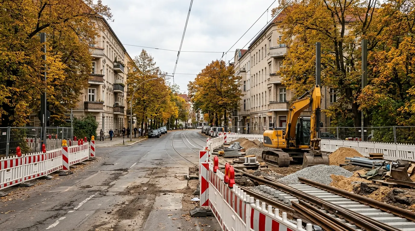 Gesperrte Straßenkreuzung mit Straßenbahngleisen, Baustellenabsperrungen, einem Bagger und herbstlichen Alleebäumen.