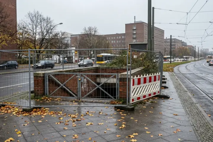 Bauzäune und rot-weiße Absperrgitter sichern ein Baufeld auf einem nassen Platz neben einer mehrspurigen Straße.