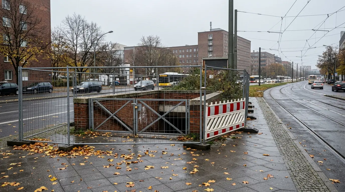 Bauzäune und rot-weiße Absperrgitter sichern ein Baufeld auf einem nassen Platz neben einer mehrspurigen Straße.