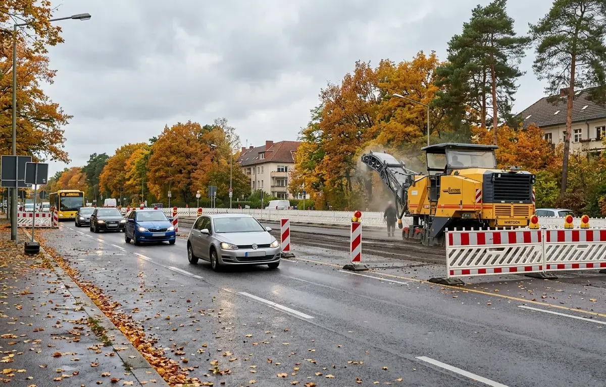 Eine abgesperrte Straßenspur mit Baustellenbaken und Asphaltfräse neben vorbeifahrenden Autos unter Herbstbäumen.