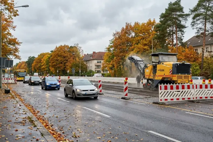 Eine abgesperrte Straßenspur mit Baustellenbaken und Asphaltfräse neben vorbeifahrenden Autos unter Herbstbäumen.
