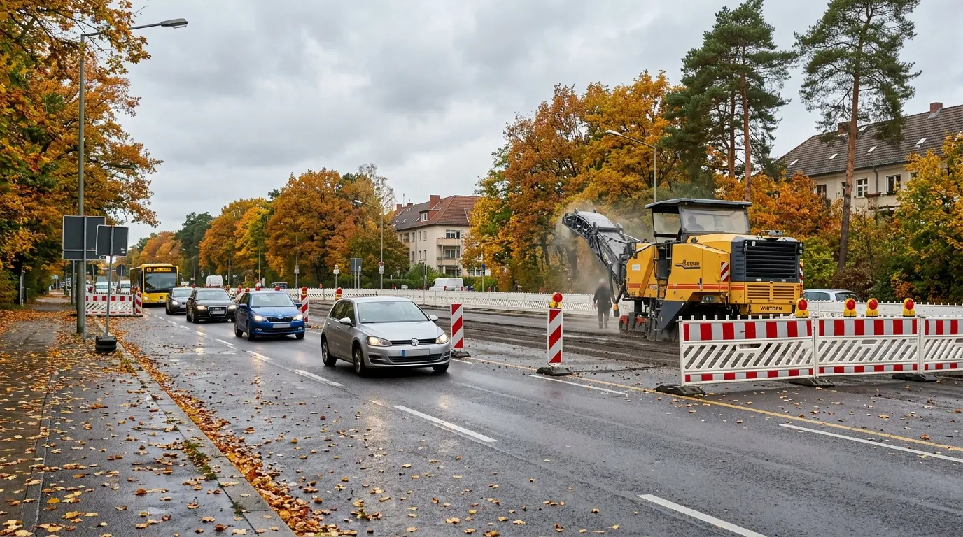 Eine abgesperrte Straßenspur mit Baustellenbaken und Asphaltfräse neben vorbeifahrenden Autos unter Herbstbäumen.