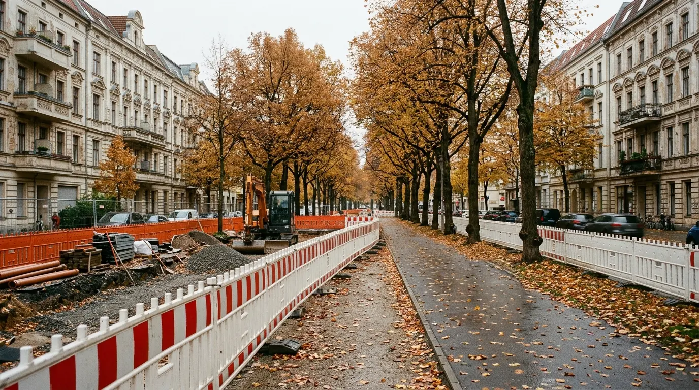 Rot-weiße Baustellenbaken sperren einen Fußweg auf einer herbstlichen Mittelpromenade vor Berliner Altbauten ab.