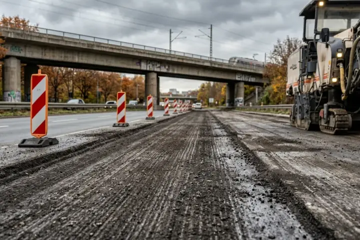 Gefräster Straßenbelag mit rot-weißen Absperrbaken und einer Baumaschine vor einer Eisenbahnbrücke im Herbstlicht.