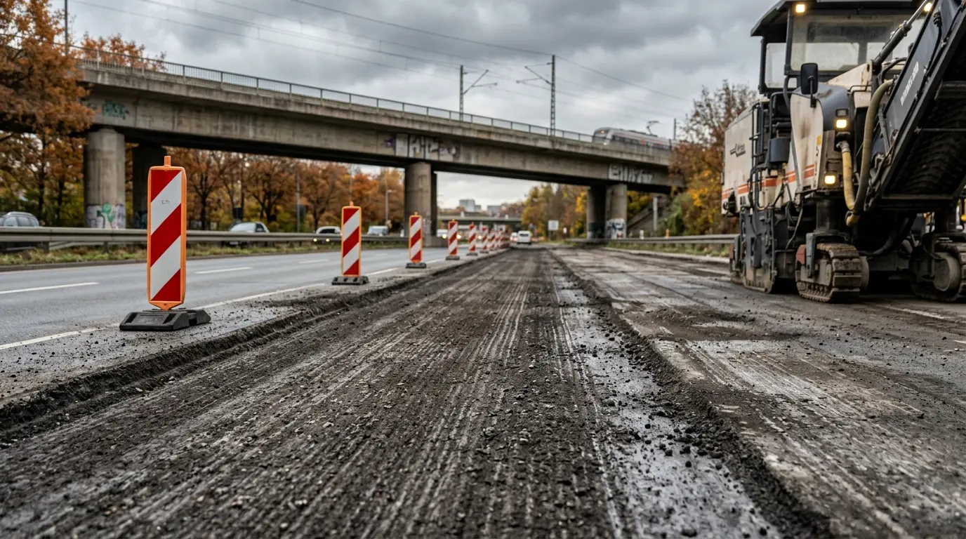 Gefräster Straßenbelag mit rot-weißen Absperrbaken und einer Baumaschine vor einer Eisenbahnbrücke im Herbstlicht.