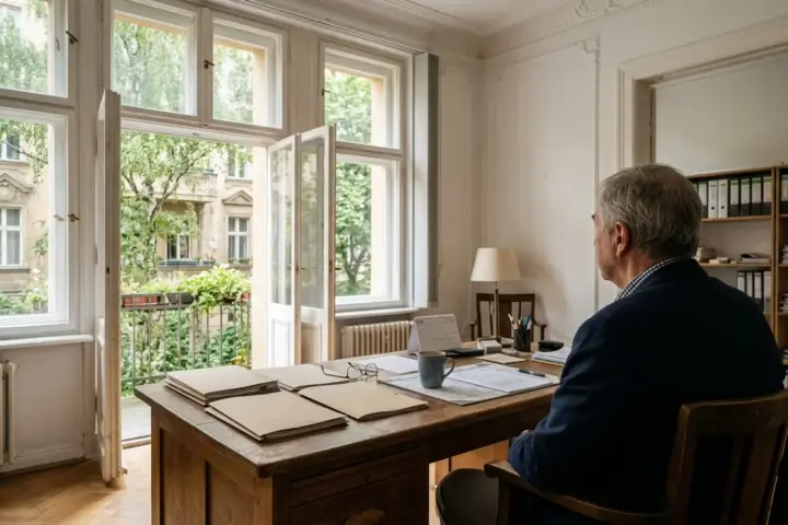 Ein Beamter sitzt von hinten an einem Holzschreibtisch vor einem hohen Altbaufenster mit Blick in einen Innenhof.