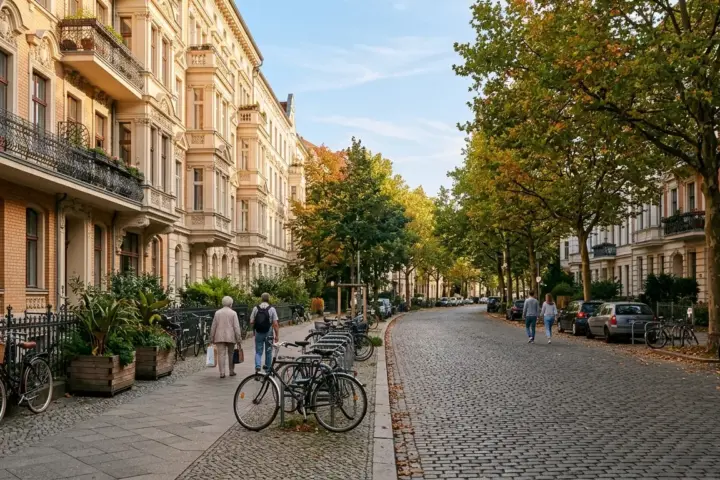 Kopfsteingepflasterte Kiezstraße mit gründerzeitlichen Altbauten, Straßenbäumen, Pflanzkübeln und Spaziergängern.
