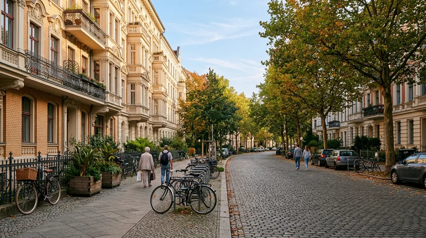 Kopfsteingepflasterte Kiezstraße mit gründerzeitlichen Altbauten, Straßenbäumen, Pflanzkübeln und Spaziergängern.
