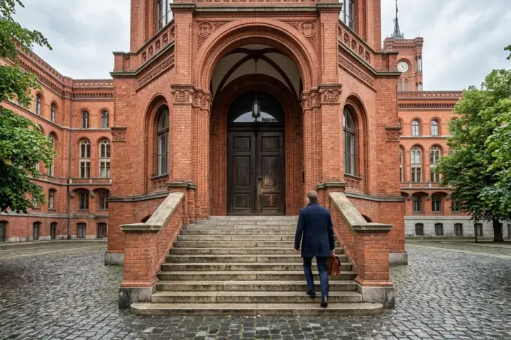 Roter Backsteinbau eines Berliner Bezirksamts mit steinerner Eingangstreppe, Kopfsteinpflaster und schattigen Linden.