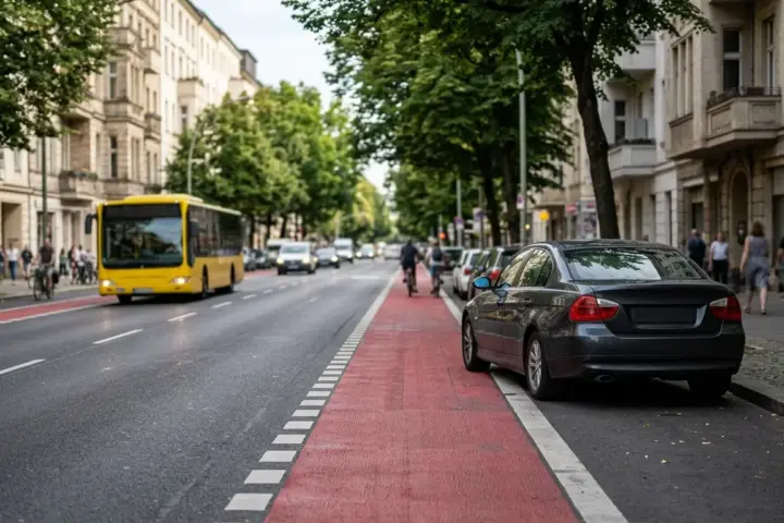 Dunkler Pkw steht halb auf einer rot markierten Busspur vor Berliner Altbauten, dahinter ein gelber Bus.