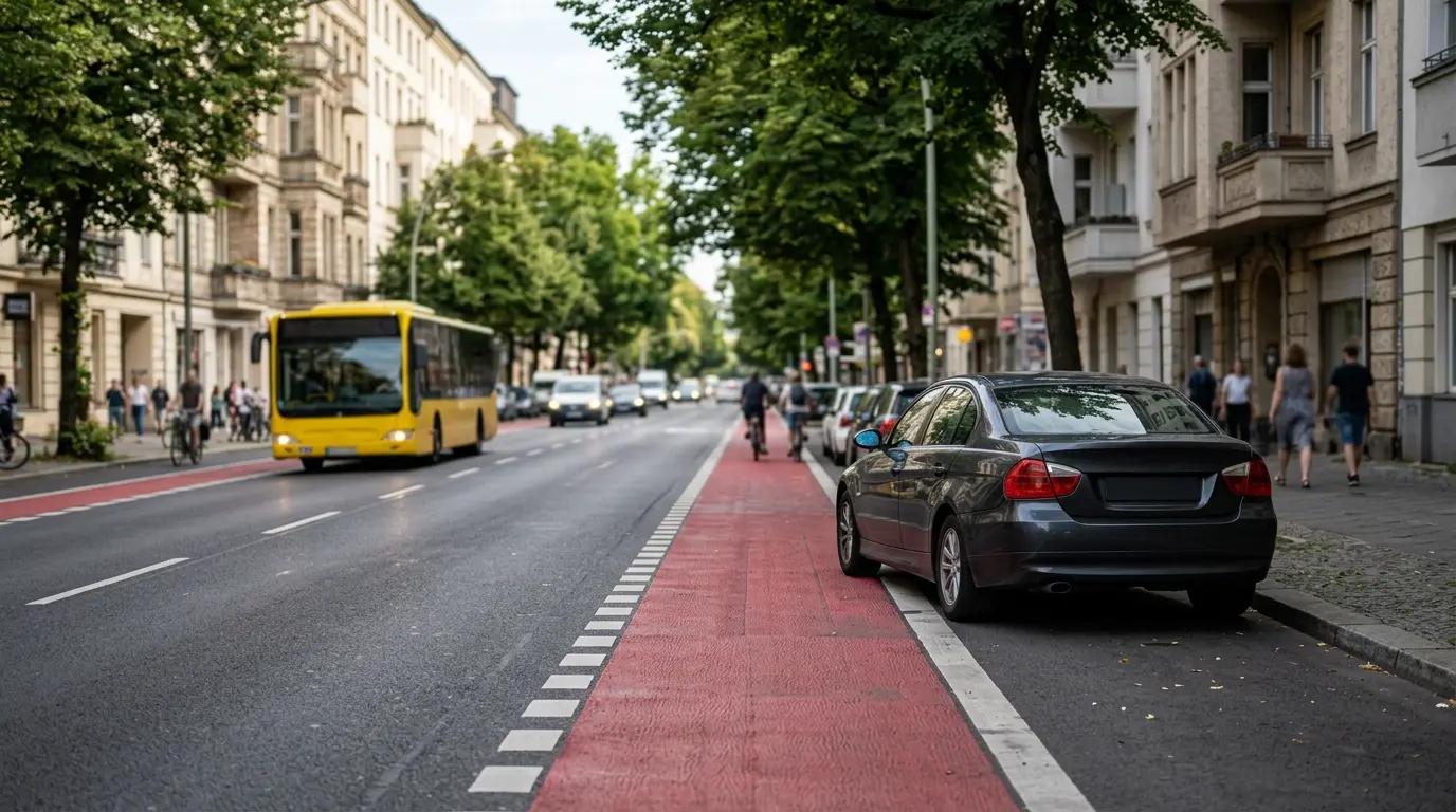 Dunkler Pkw steht halb auf einer rot markierten Busspur vor Berliner Altbauten, dahinter ein gelber Bus.