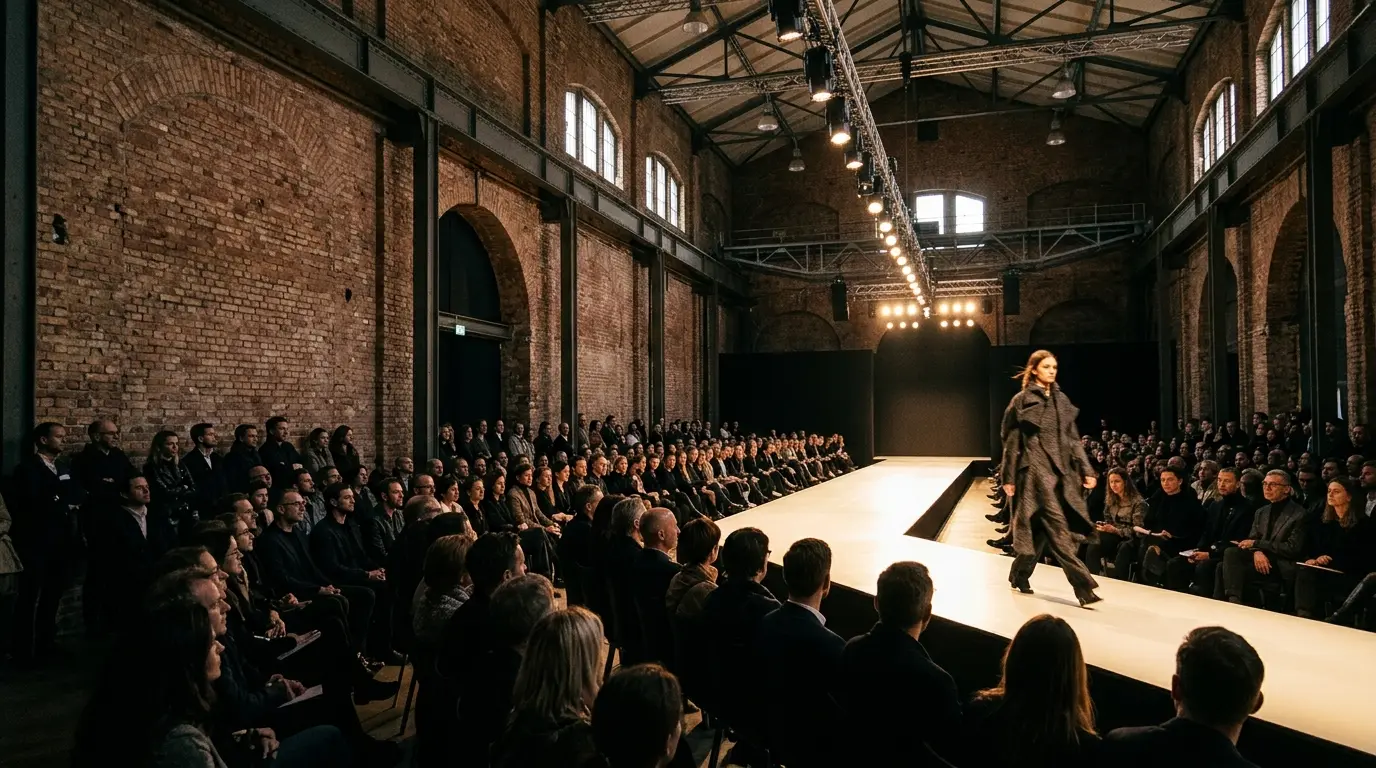 Beleuchteter Laufsteg in einer hohen Backsteinhalle, flankiert von Zuschauern im Halbschatten vor einer Modenschau.