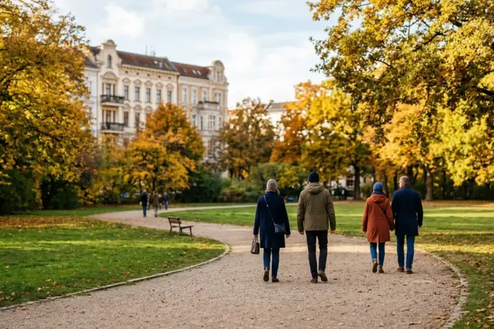 Spaziergänger von hinten auf einem Kiesweg in einem Berliner Park zwischen bunten Herbstbäumen im warmen Nachmittagslicht.