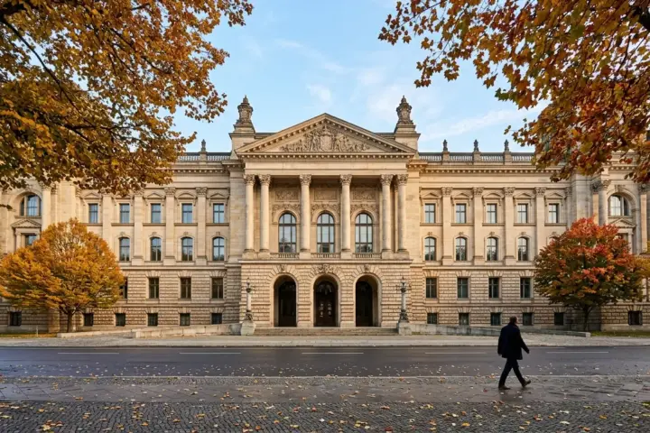 Historische Sandsteinfassade des Berliner Abgeordnetenhauses hinter herbstlich gefärbten Straßenbäumen.