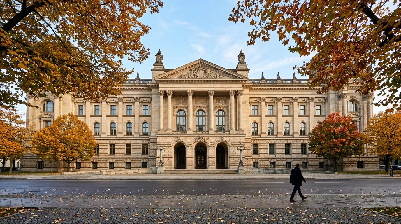 Historische Sandsteinfassade des Berliner Abgeordnetenhauses hinter herbstlich gefärbten Straßenbäumen.