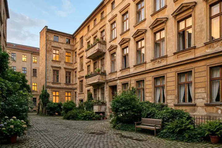 Berliner Altbaufassade an einem ruhigen Innenhof mit hohen Fenstern und Vorhängen im warmen Abendlicht.
