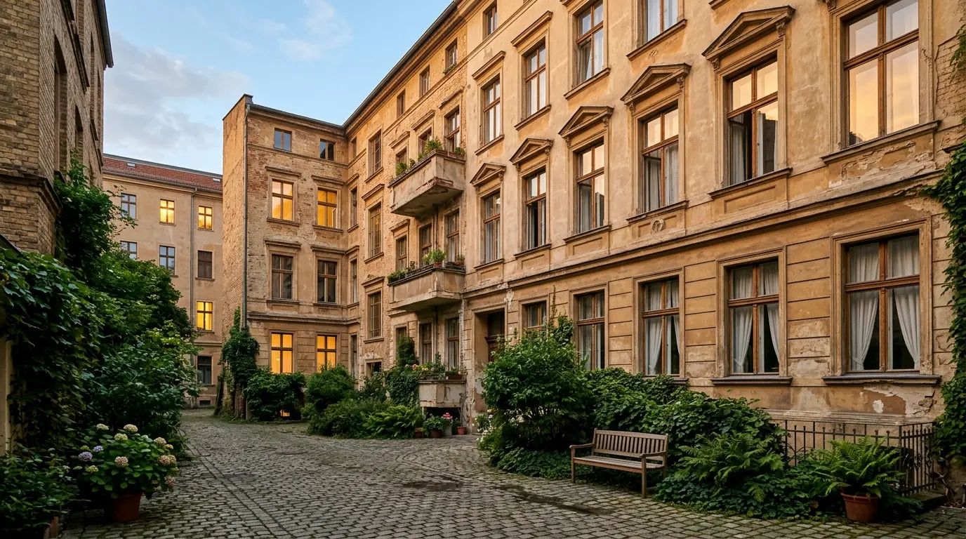 Berliner Altbaufassade an einem ruhigen Innenhof mit hohen Fenstern und Vorhängen im warmen Abendlicht.