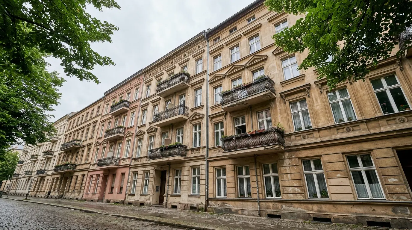 Fassaden von Berliner Altbau-Mietshäusern mit Balkonen als zentraler Schauplatz für die Mietenpolitik Berlin.