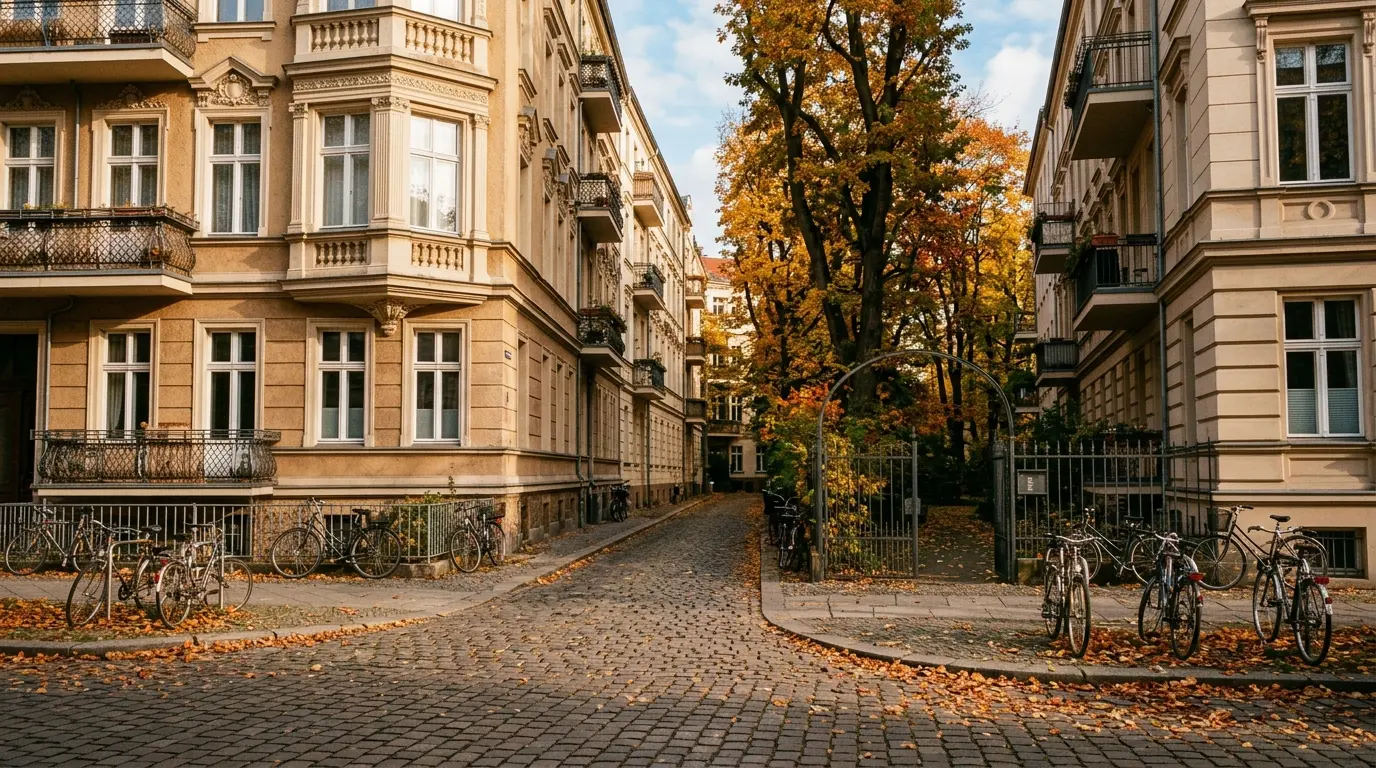 Altbauten mit Balkonen und Stuck an einer ruhigen Kopfsteinpflasterstraße mit herbstlichen Bäumen