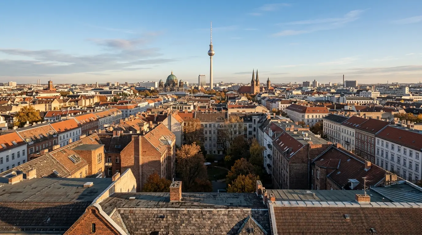 Blick über herbstliche Berliner Dächer und Altbauten auf den Fernsehturm im weichen Morgenlicht.