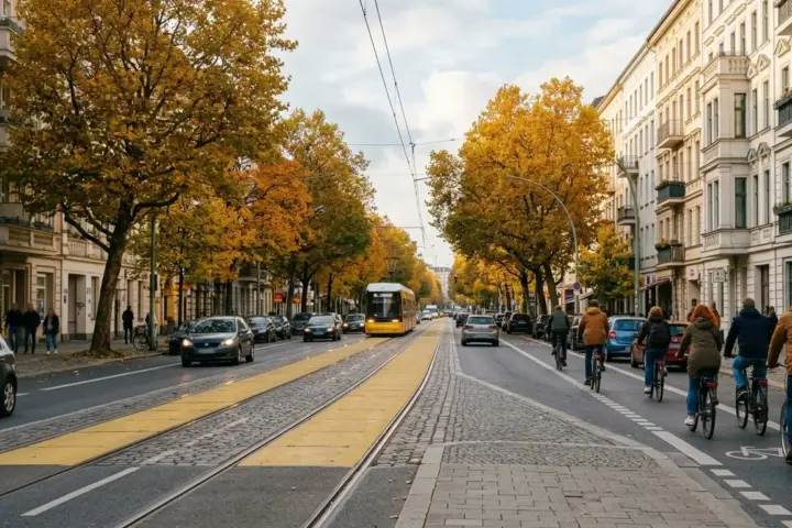 Breite Berliner Hauptstraße im Herbst mit Radweg, Straßenbahn und Autos im Zeichen der Debatte um die Verkehrswende Berlin.
