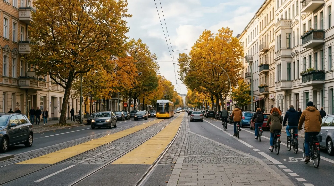 Breite Berliner Hauptstraße im Herbst mit Radweg, Straßenbahn und Autos im Zeichen der Debatte um die Verkehrswende Berlin.