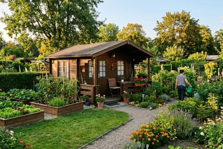 Holzlaube mit kleiner Terrasse in einer Berliner Kleingartenanlage, umgeben von Gemüsebeeten und Rasen.