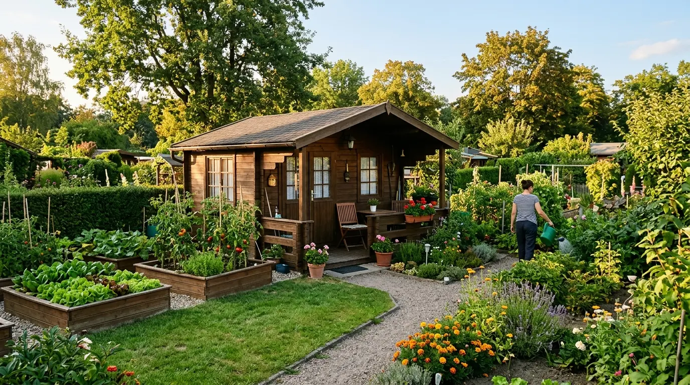 Holzlaube mit kleiner Terrasse in einer Berliner Kleingartenanlage, umgeben von Gemüsebeeten und Rasen.