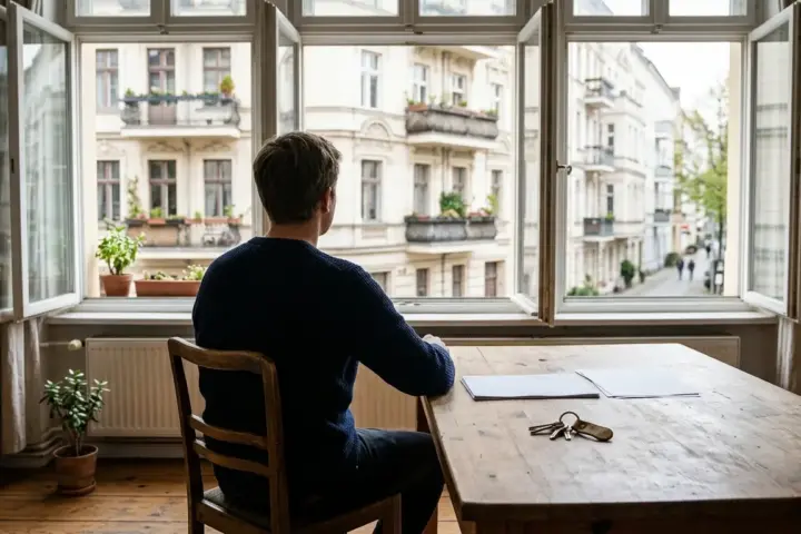 Blick über die Schulter einer Person am Holztisch mit Schlüsseln und Dokumenten auf Berliner Altbaufassaden.