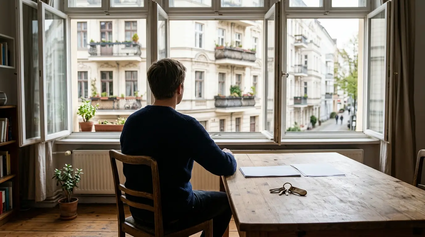 Blick über die Schulter einer Person am Holztisch mit Schlüsseln und Dokumenten auf Berliner Altbaufassaden.
