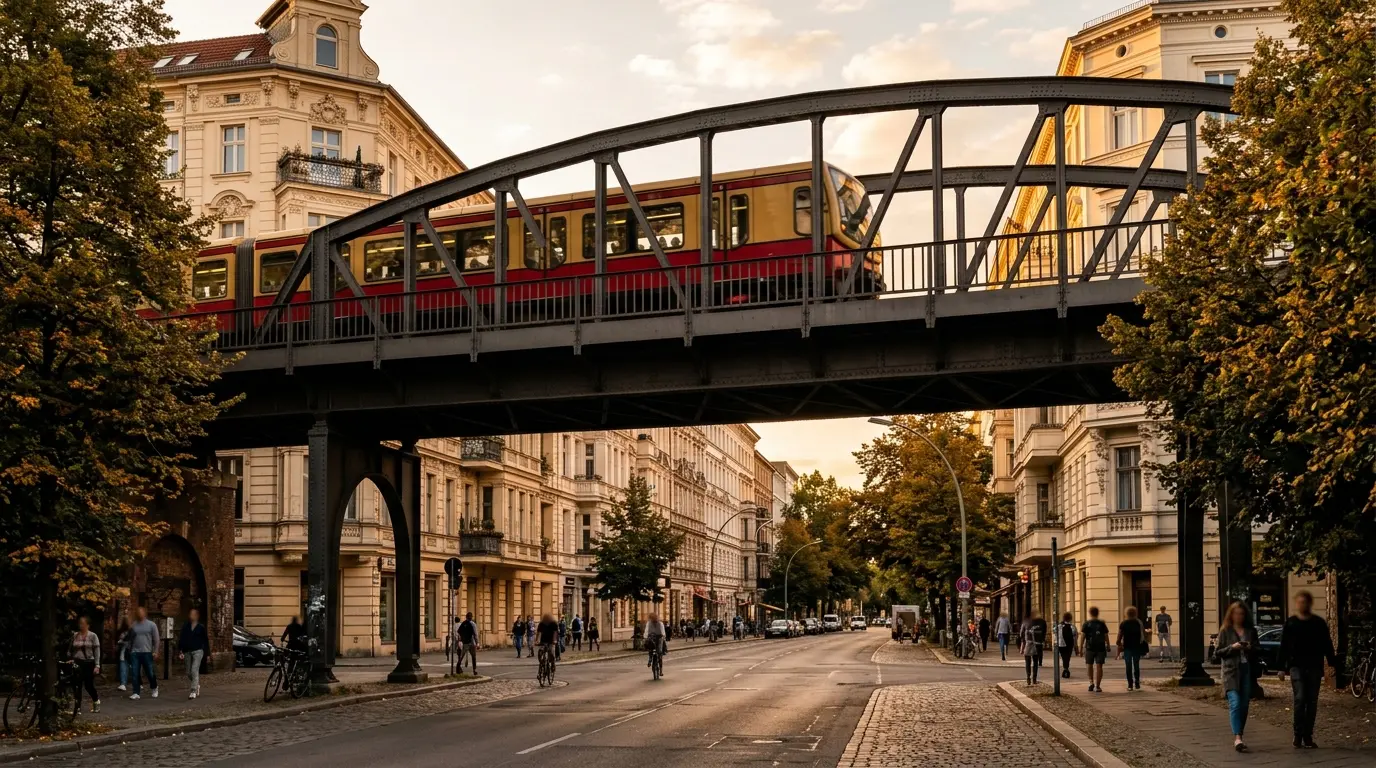 Ein rot-gelber S-Bahn-Zug fährt im warmen Abendlicht über eine stählerne Brücke vor Berliner Altbaufassaden.