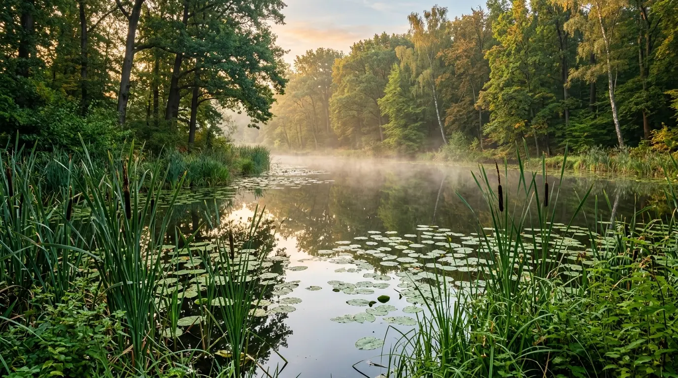 Ruhiger Parkteich im morgendlichen Dunst mit schwimmenden Seerosenblättern und dichtem Schilf am Ufer.