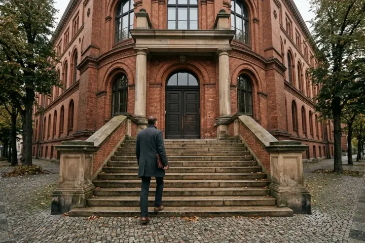 Eine Person von hinten auf den Steinstufen vor dem Portal eines historischen Berliner Verwaltungsgebäudes aus Backstein.