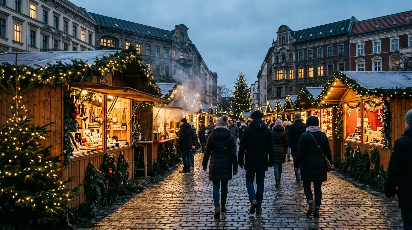 Holzbuden mit Lichterketten und Tannengrün auf einem feuchten Pflasterplatz in Berlin in der Abenddämmerung.