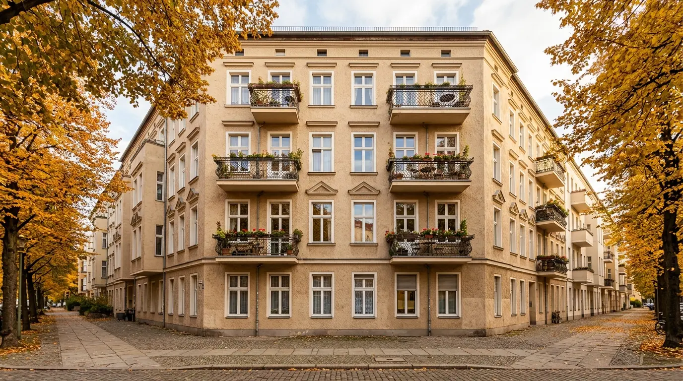 Fassade eines Berliner Mehrfamilienhauses mit Balkonen und Herbstlaub vor Fenstern im warmen Nachmittagslicht