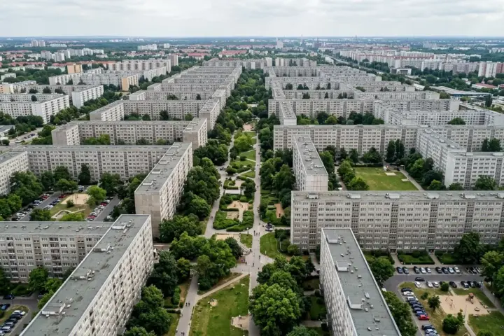 Mehrstöckige Plattenbauten und grüne Innenhöfe in einer Berliner Wohnsiedlung zur Debatte um Enteignung Berlin.