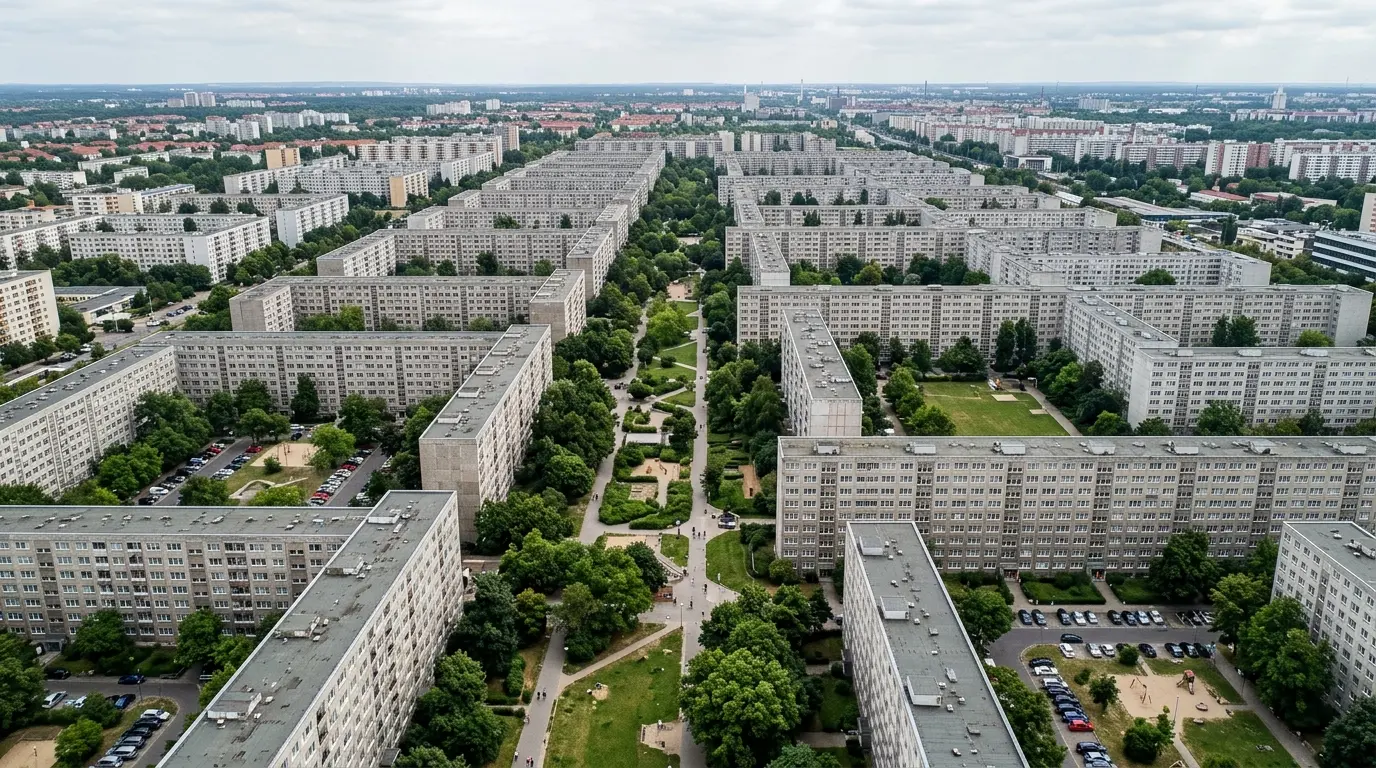 Mehrstöckige Plattenbauten und grüne Innenhöfe in einer Berliner Wohnsiedlung zur Debatte um Enteignung Berlin.