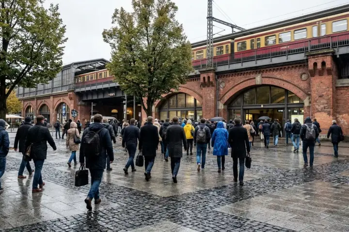 Pendler gehen an einem Berliner S-Bahn-Viadukt über einen gepflasterten Platz zur Arbeit.