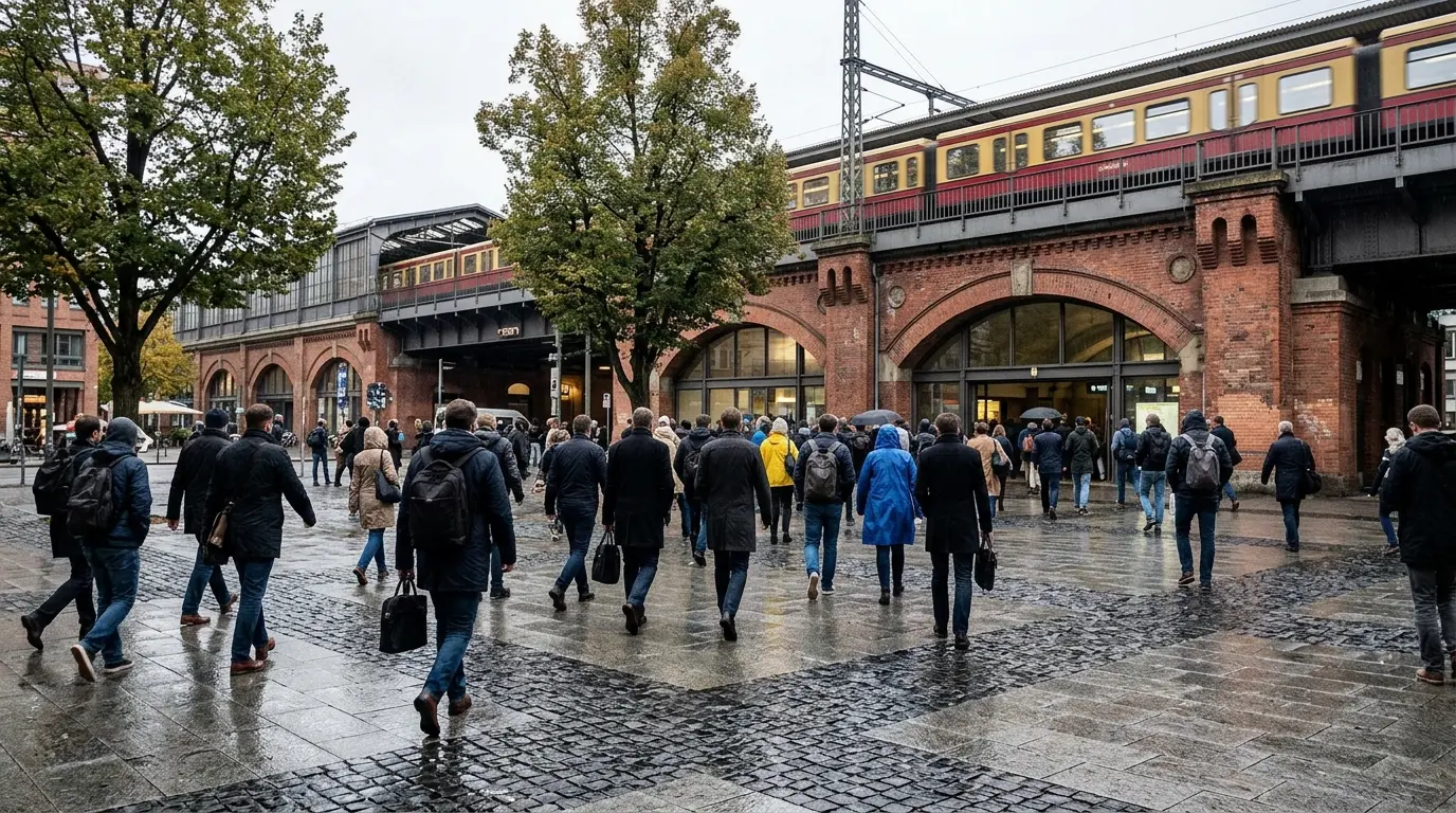 Pendler gehen an einem Berliner S-Bahn-Viadukt über einen gepflasterten Platz zur Arbeit.