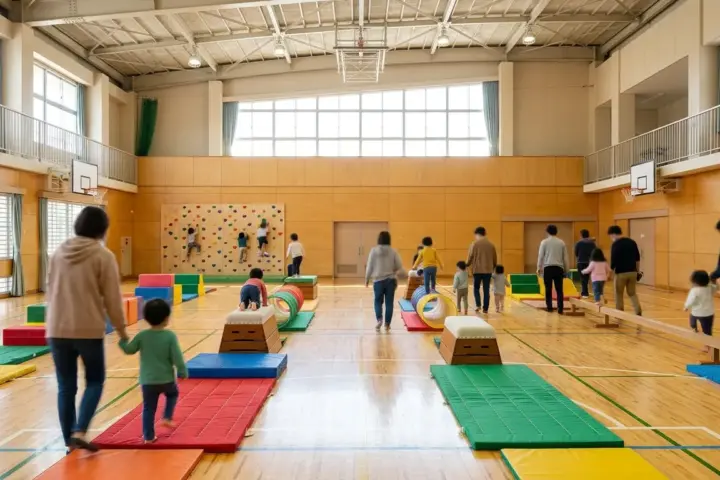 Helle Schulsporthalle mit buntem Bewegungsparcours aus Matten, Holzkasten und Kletterwand, im Hintergrund Eltern und