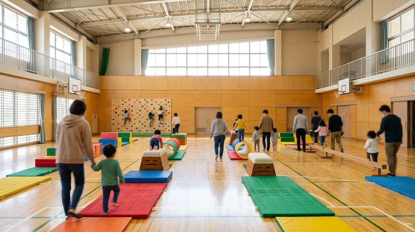 Helle Schulsporthalle mit buntem Bewegungsparcours aus Matten, Holzkasten und Kletterwand, im Hintergrund Eltern und