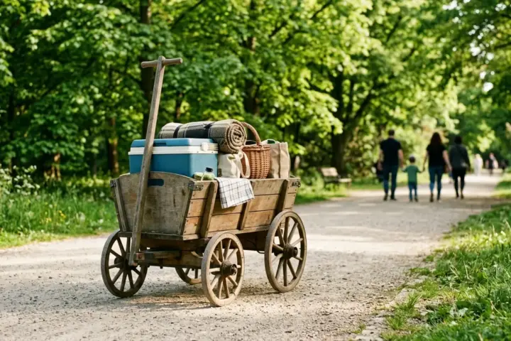 Ein einfacher Bollerwagen aus Holz steht auf einem sonnigen Parkweg neben einer Wiese unter Frühlingsbäumen.