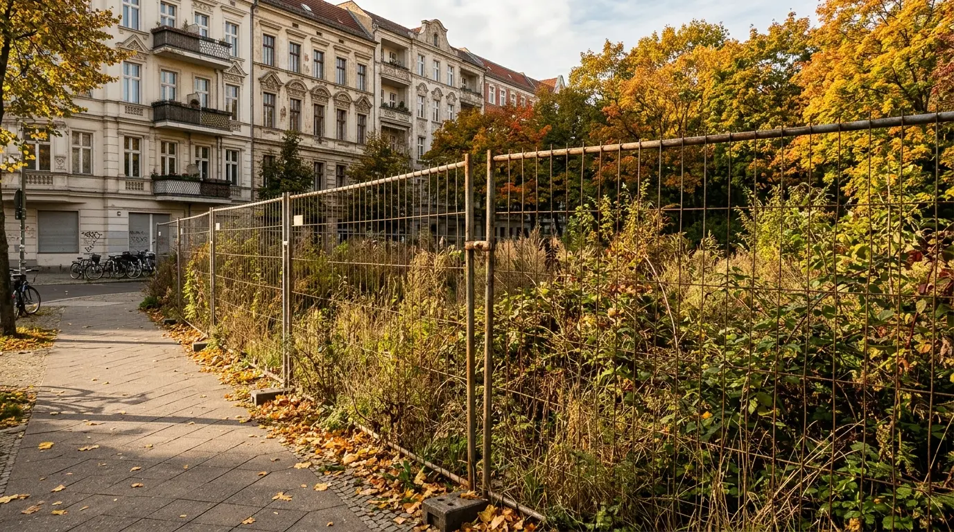 Brache im Geltungsbereich für den Bebauungsplan Breite Straße Pankow hinter einem Bauzaun.