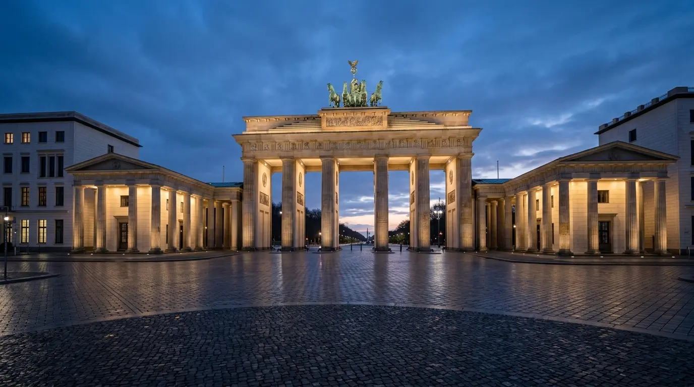 Das Brandenburger Tor in Berlin bei Dämmerung, in blauem und weißem Licht angestrahlt auf leerem Platz.