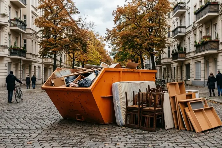 Orangefarbener Container auf einem gepflasterten Berliner Platz neben abgestellten Holzstühlen und einer Matratze.
