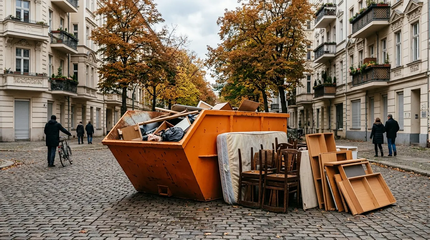 Orangefarbener Container auf einem gepflasterten Berliner Platz neben abgestellten Holzstühlen und einer Matratze.